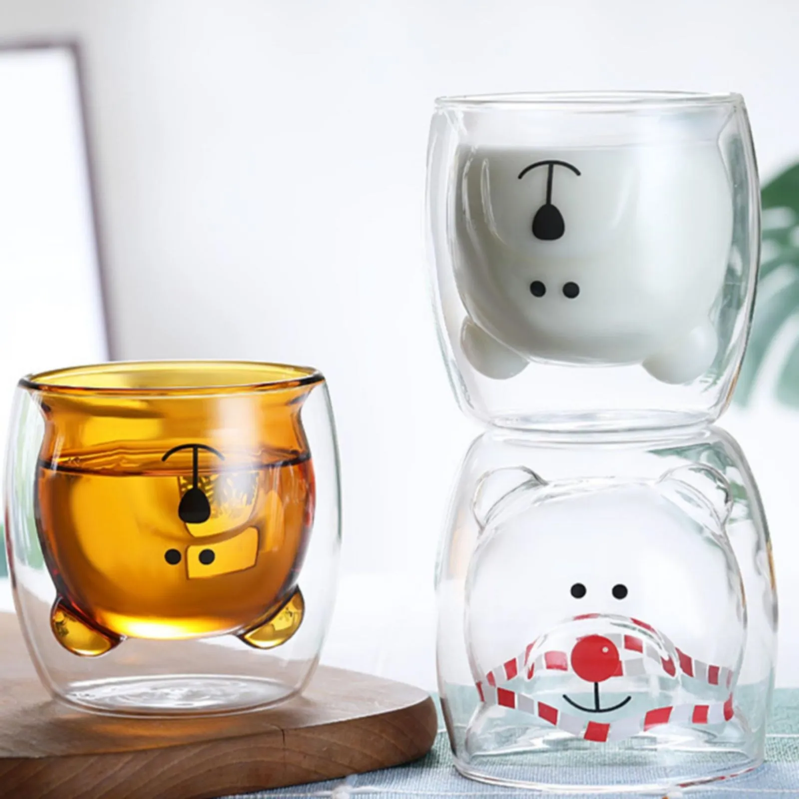 2pcs Cute Bear Mugs Double Wall Insulated Glasses for Juice Coffee Tea Milk - Happy Bear