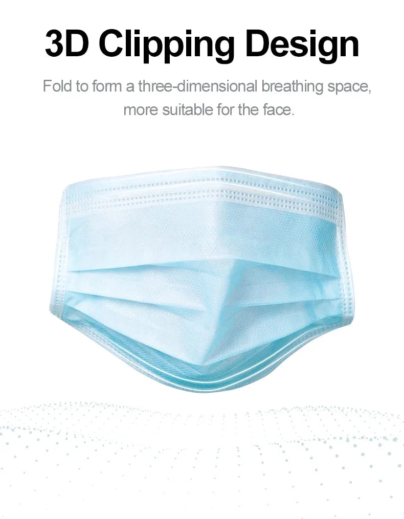 3-Layer Non-Woven Disposable Face Masks with Elastic Ear Loops Adult Anti-Dust Mouth Masks - Pack of 2/50/100/200