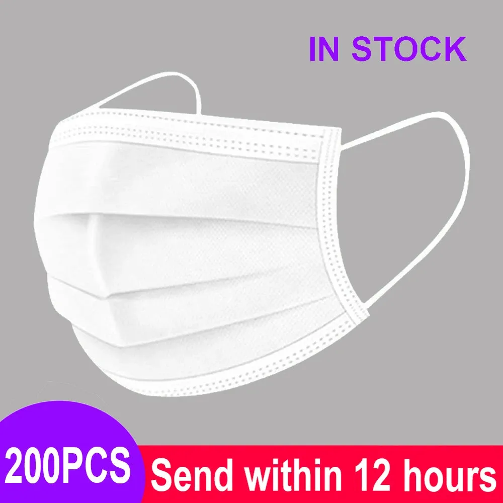 3-Layer Non-Woven Disposable Face Masks with Elastic Ear Loops Adult Anti-Dust Mouth Masks - Pack of 2/50/100/200