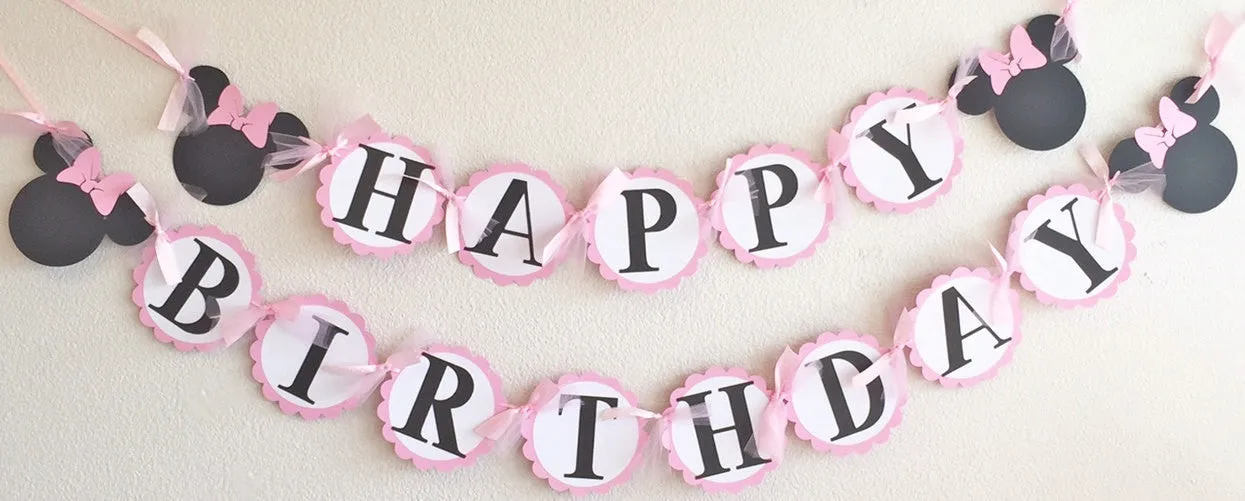 Light Pink White Polka Dot Mouse Happy Birthday Banner