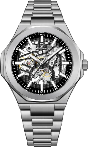 Mechanical Skeleton Watch Self-Winding Wrist Watch Mechanical Classic Business Mens Watches Sliver & Black