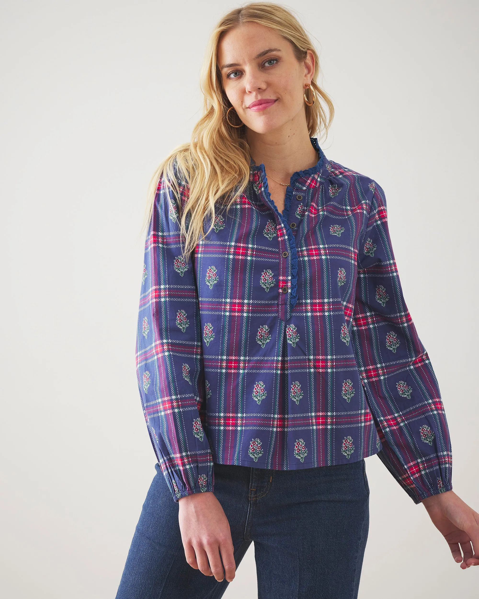 Nostalgia Plaid - On the Books Blouse - Navy