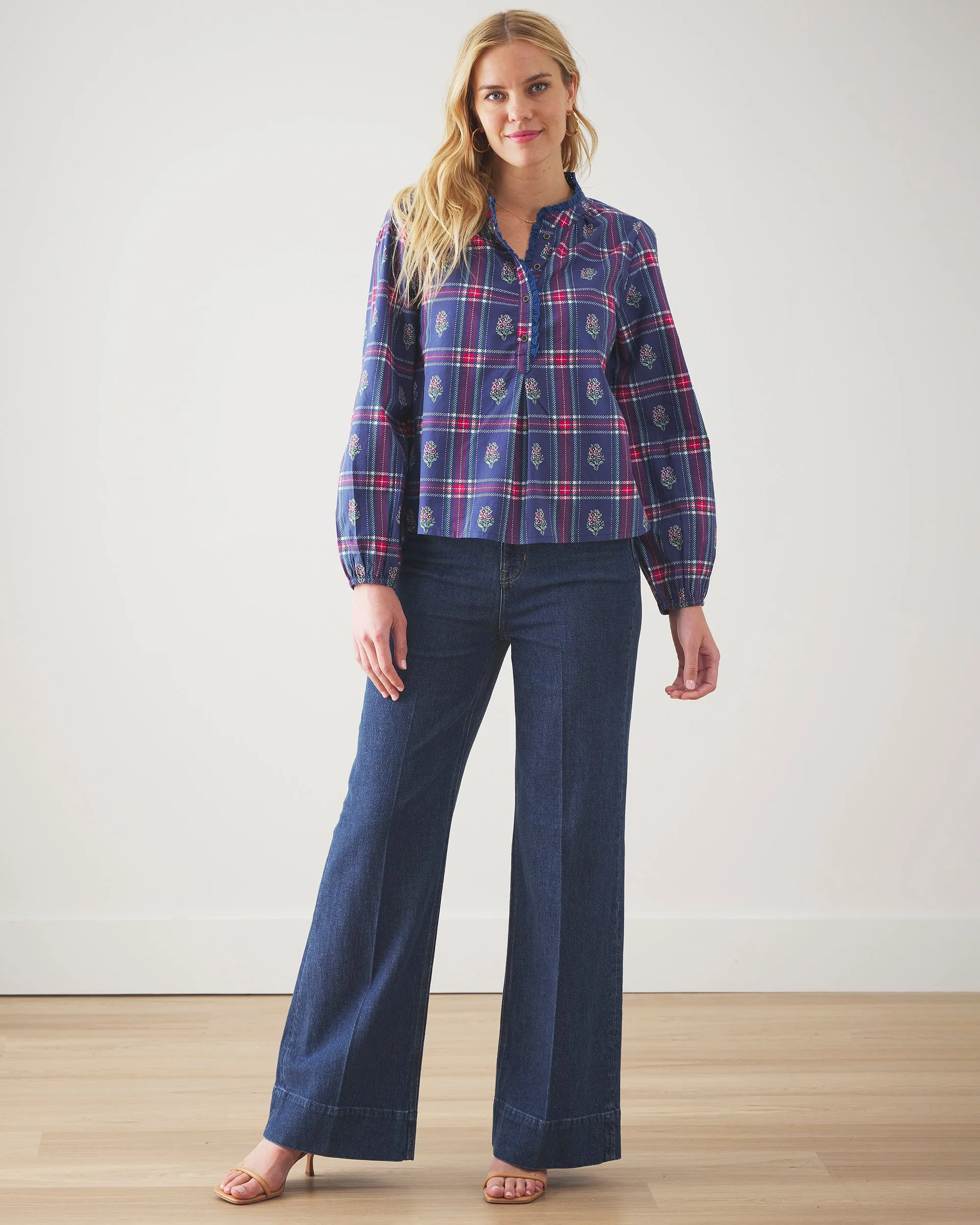 Nostalgia Plaid - On the Books Blouse - Navy