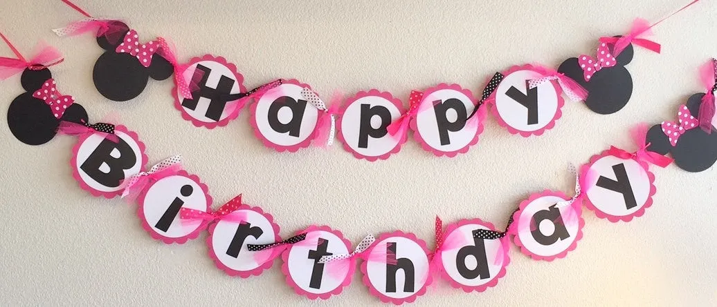 PINK White Polka Dot Mouse Happy Birthday Banner