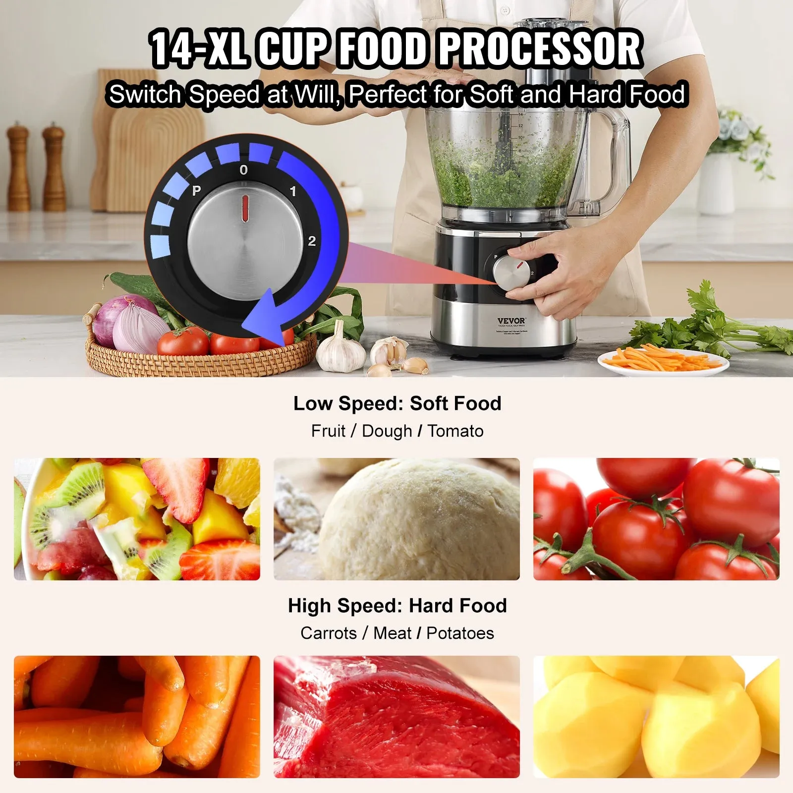 Professional VEVOR Food Processor 14-Cup Vegetable Chopper Stainless Steel Blade 600 Watts for Chopping Mixing Kneading Dough