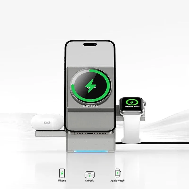 Quick Wireless Charger 15W Qi2 3 in 1 Magsafe Magnetic Autorotation Dock Station for Android iPhone iWatch Airpods Fast Charging