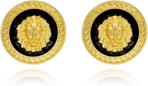 Statement Black Gold Lion Head Carved Ear Stud Earrings,Animal Theme Disc Round Circle Earrings,Luxury Large Fashion Vintage Unique Jewelry for Women