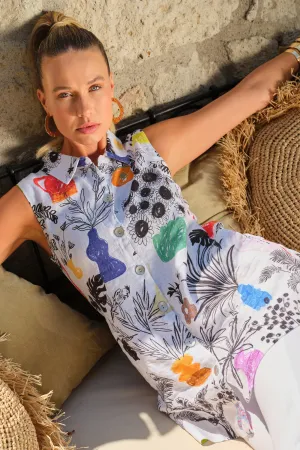SUMMER BOUQUET SLEEVELESS BUTTON SHIRT